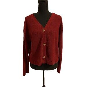 Time & Tru Sweater Womens Size Medium M Maroon Button Front Ribbed Knit Cardigan